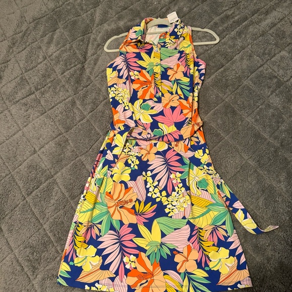 J. McLaughlin Medium Sleeveless Dolly Dress Blue/Multi Hibiscus Frond - Picture 1 of 6